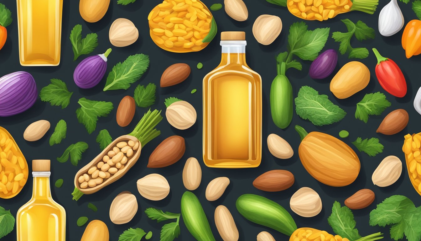 A bottle of cold pressed peanut oil surrounded by fresh, unshelled peanuts and a variety of colorful vegetables