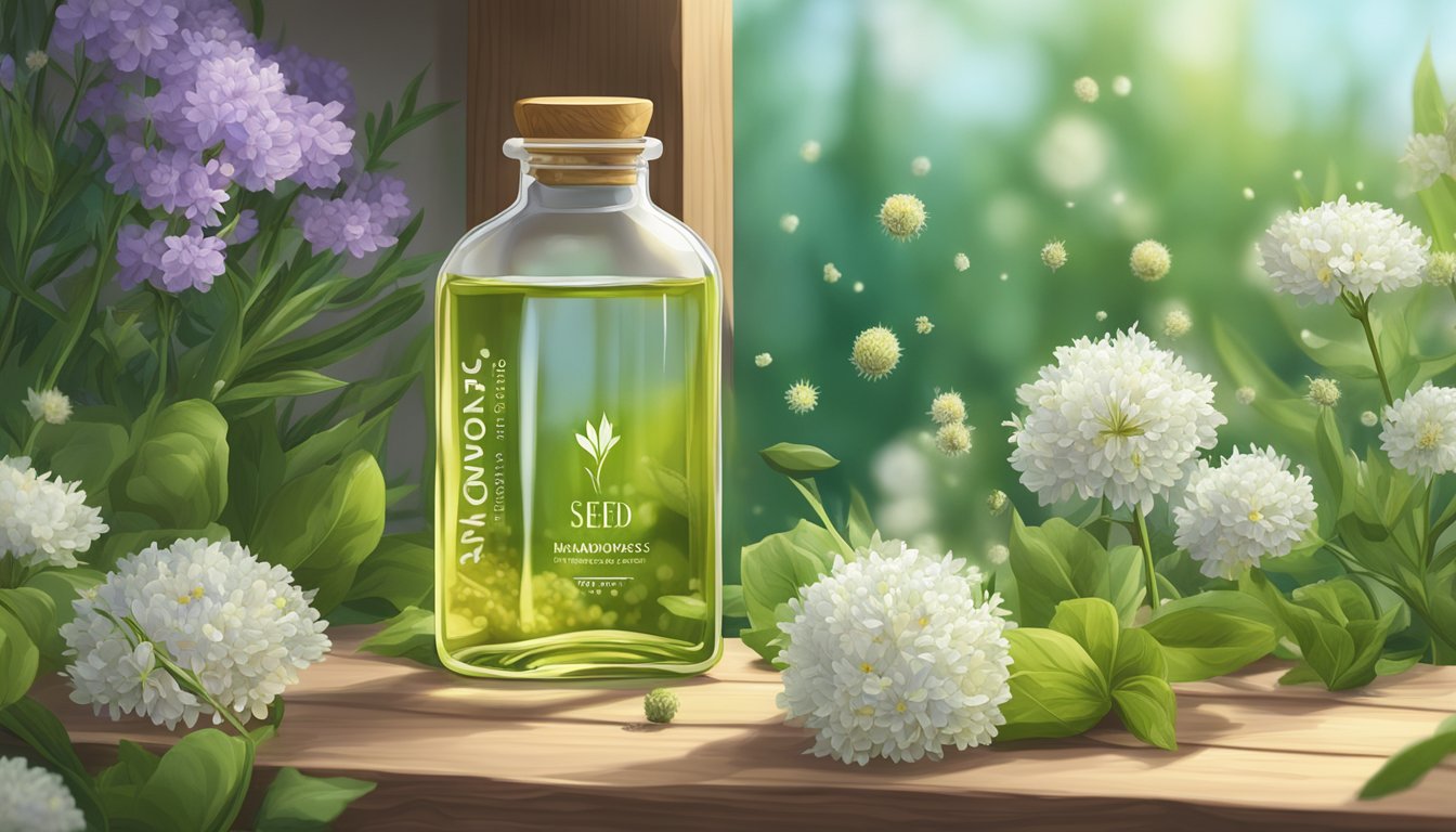 A clear glass bottle of cold pressed meadowfoam seed oil sits on a wooden shelf, surrounded by lush meadowfoam flowers and seeds