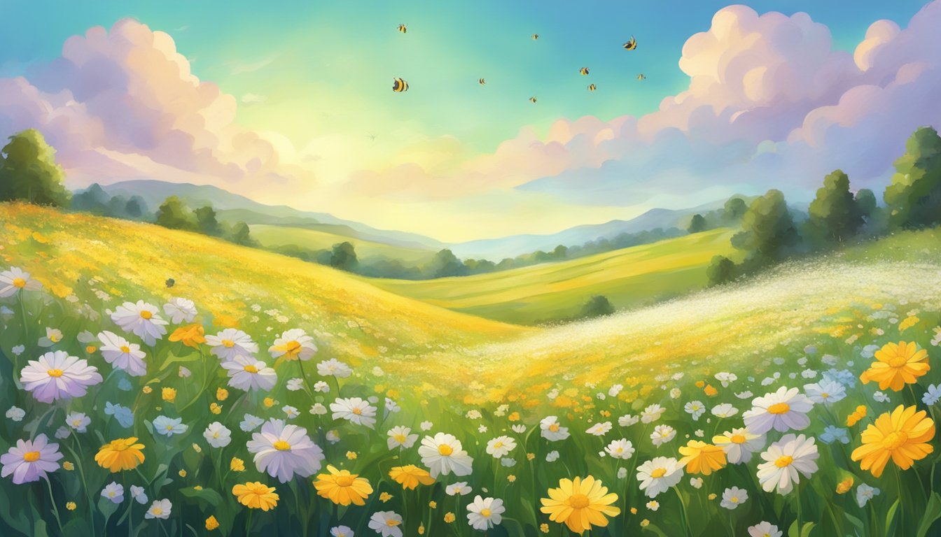 A field of vibrant meadowfoam flowers stretching across the landscape, with bees buzzing around and a gentle breeze blowing through the air