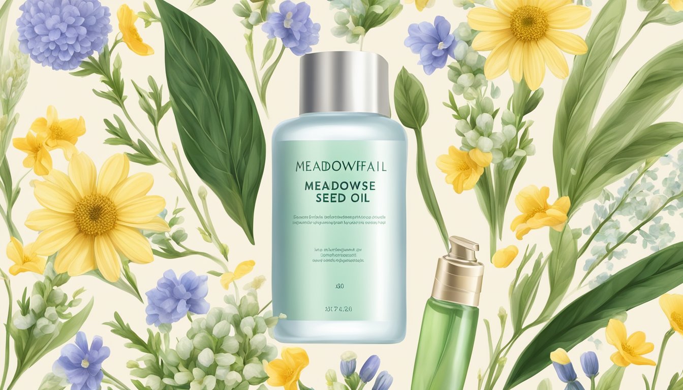 A bottle of cold pressed meadowfoam seed oil surrounded by blooming meadowfoam flowers and a variety of skincare and haircare products