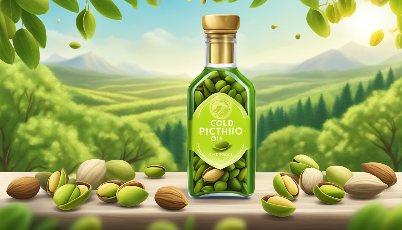 A bottle of cold pressed pistachio oil surrounded by a variety of nuts and fresh pistachios, with a backdrop of lush green pistachio trees