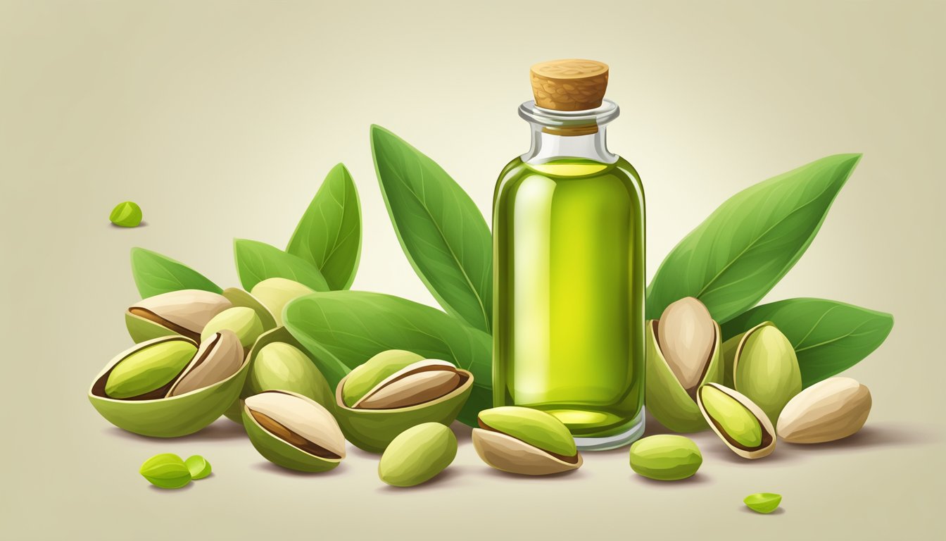 A glass bottle of cold pressed pistachio oil surrounded by a pile of pistachio nuts and a few fresh pistachio leaves