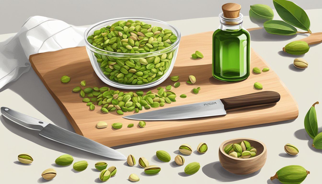 A kitchen counter with a bottle of cold pressed pistachio oil surrounded by fresh pistachios, herbs, and a chef's knife