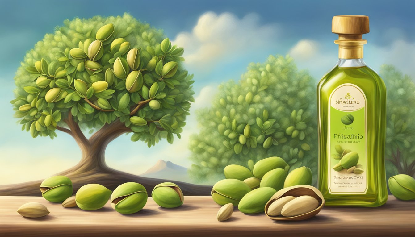 A vibrant pistachio tree stands tall, surrounded by other oils. Its cold-pressed oil bottle shines, emphasizing its health benefits