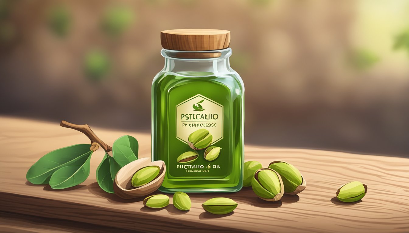 A glass bottle of cold pressed pistachio oil sits on a rustic wooden shelf, surrounded by fresh pistachios and green leaves, highlighting its health benefits and long shelf life