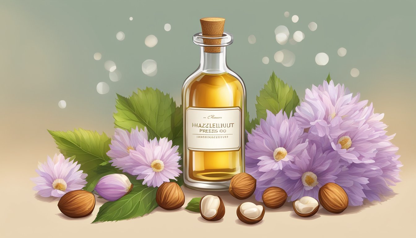 Aromatherapy scene: A bottle of cold pressed hazelnut oil surrounded by fresh hazelnuts and aromatic flowers, with soft natural lighting