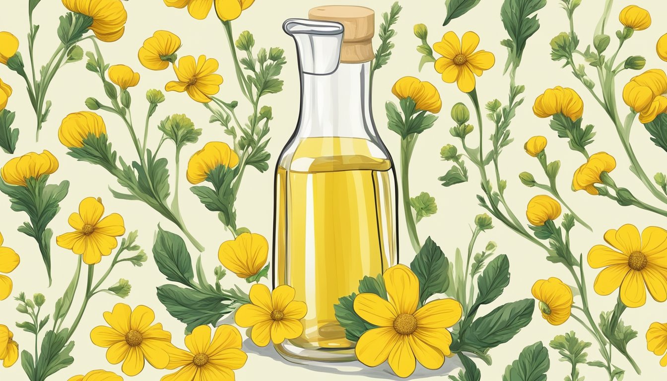 A gleaming bottle of cold pressed mustard oil surrounded by vibrant yellow mustard flowers and a laboratory beaker with a swirling liquid