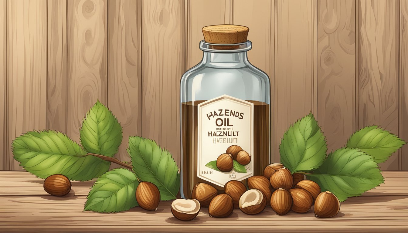 A glass bottle of cold-pressed hazelnut oil sits on a wooden shelf, surrounded by a handful of freshly picked hazelnuts