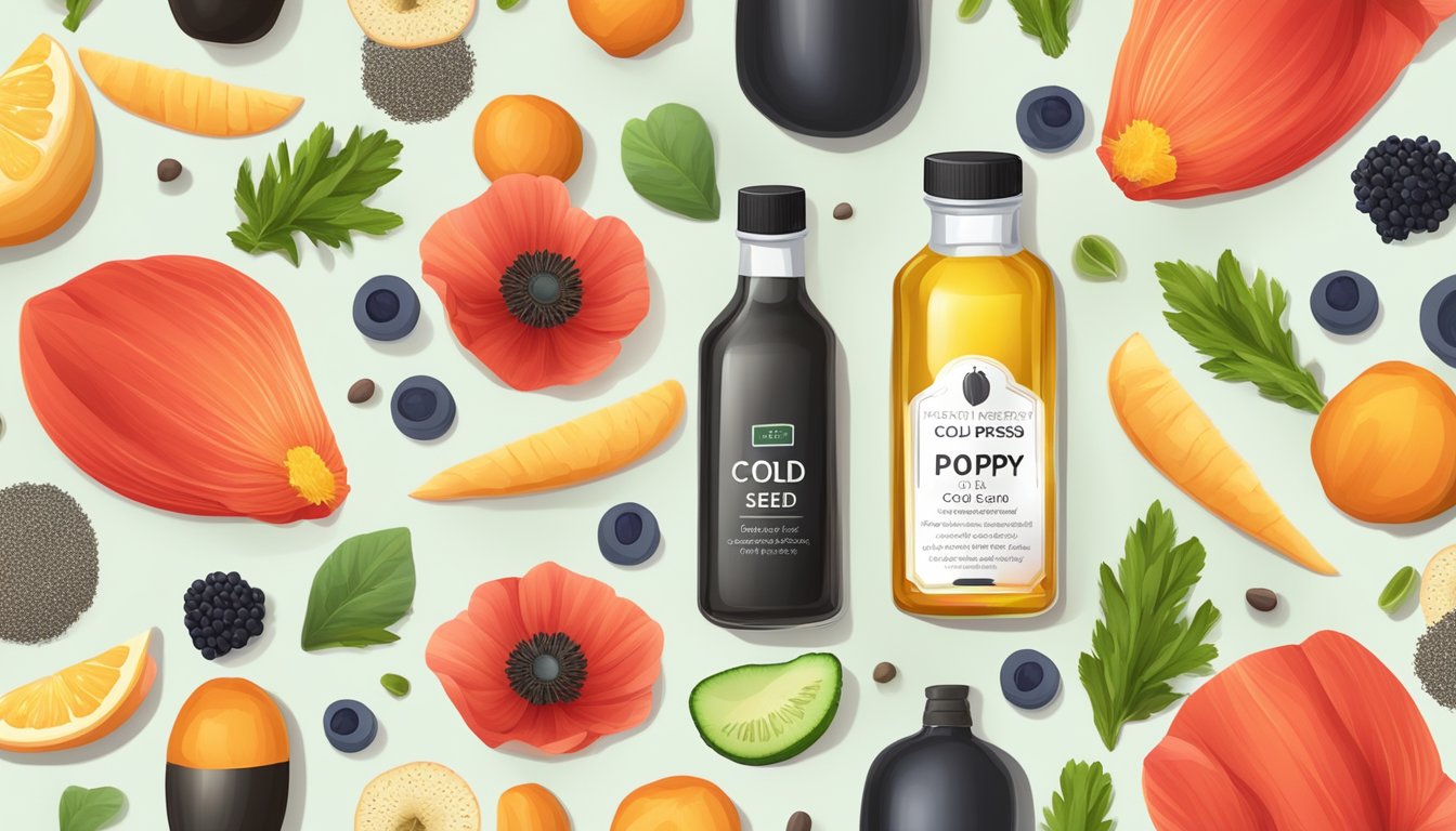 A bottle of cold pressed poppy seed oil surrounded by a variety of fresh, whole poppy seeds, and an assortment of colorful fruits and vegetables