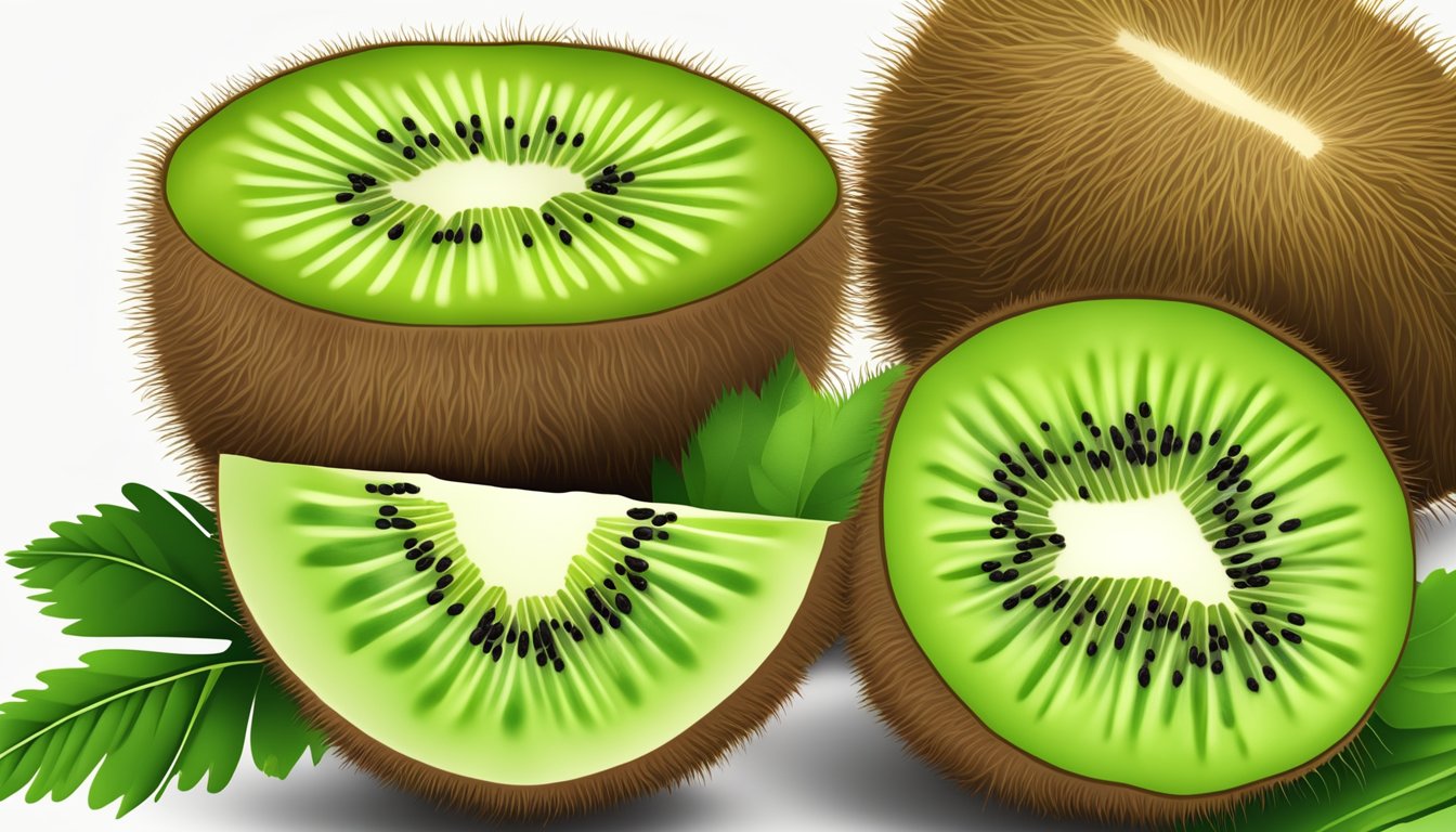 A kiwi fruit cut in half, with the seeds visible and surrounded by fresh kiwi slices and leaves