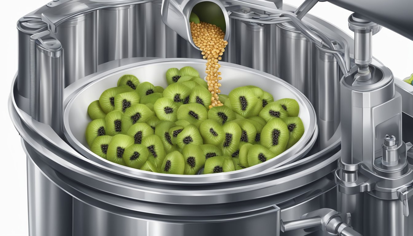 A large industrial press squeezing kiwi seeds, with oil flowing into a collection container