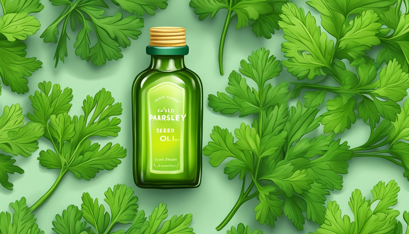 A bottle of cold pressed parsley seed oil surrounded by fresh parsley leaves and vibrant green plants