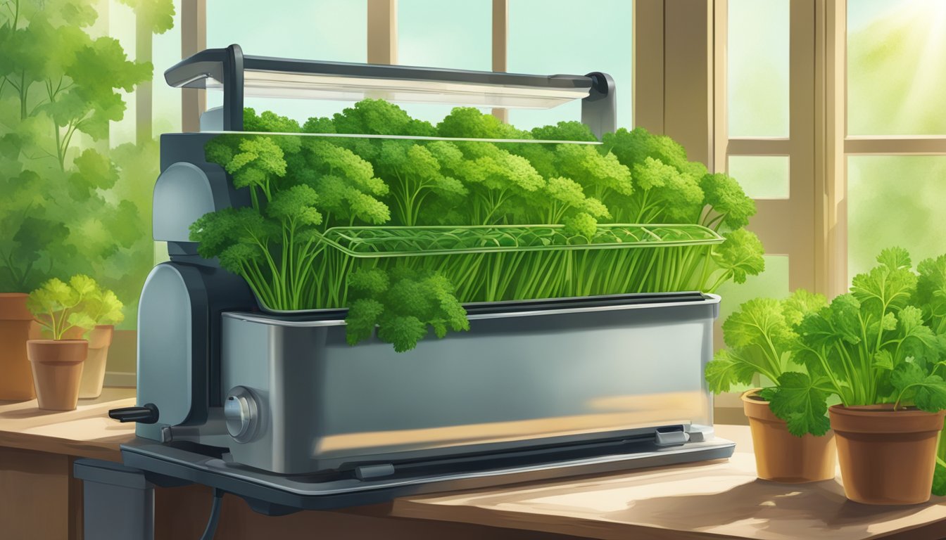 A serene, sunlit field of vibrant green parsley plants, with a cold press machine in the background extracting oil