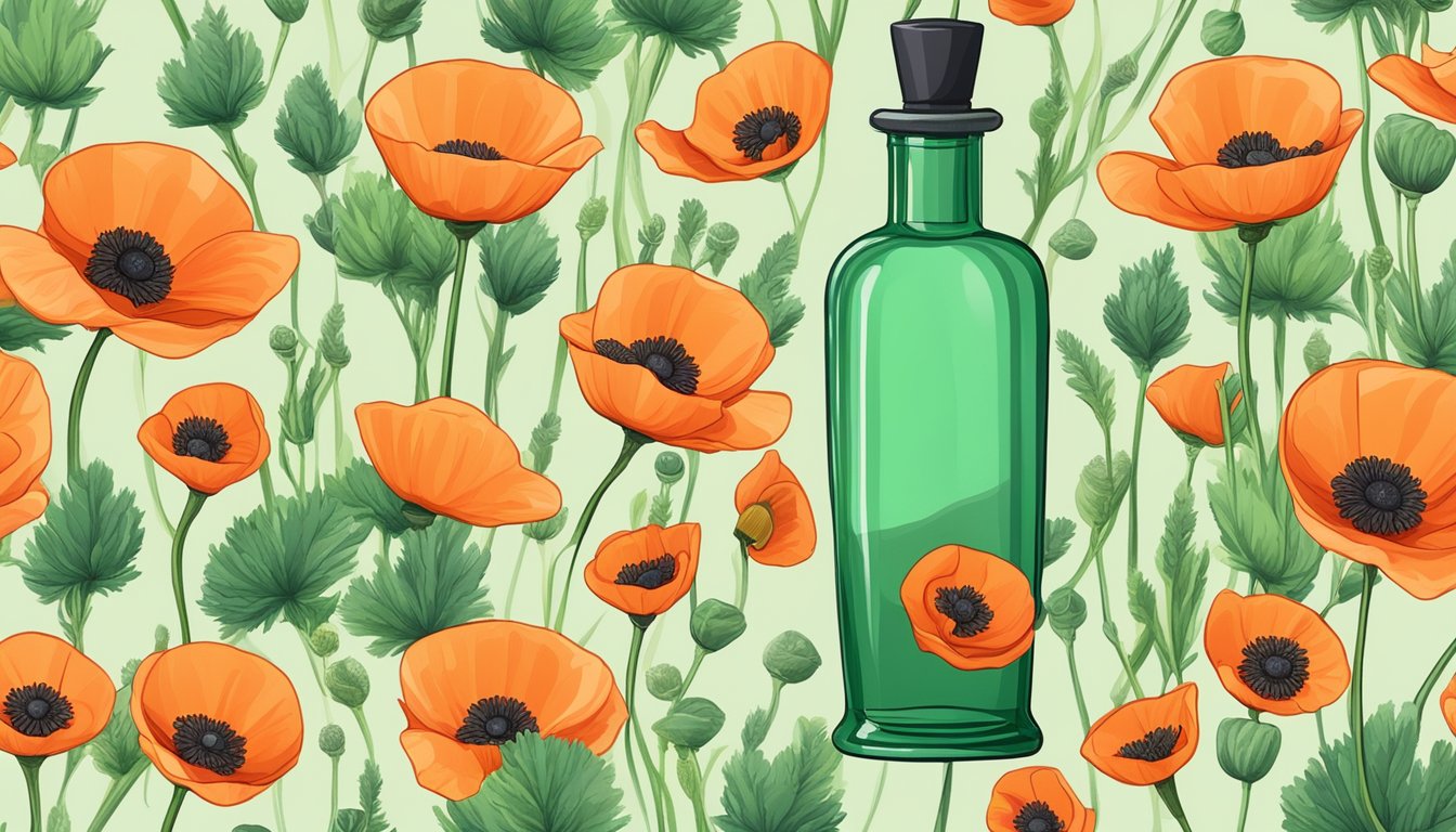 A glass bottle of cold pressed poppy seed oil surrounded by fresh poppy seeds and vibrant green poppy plants