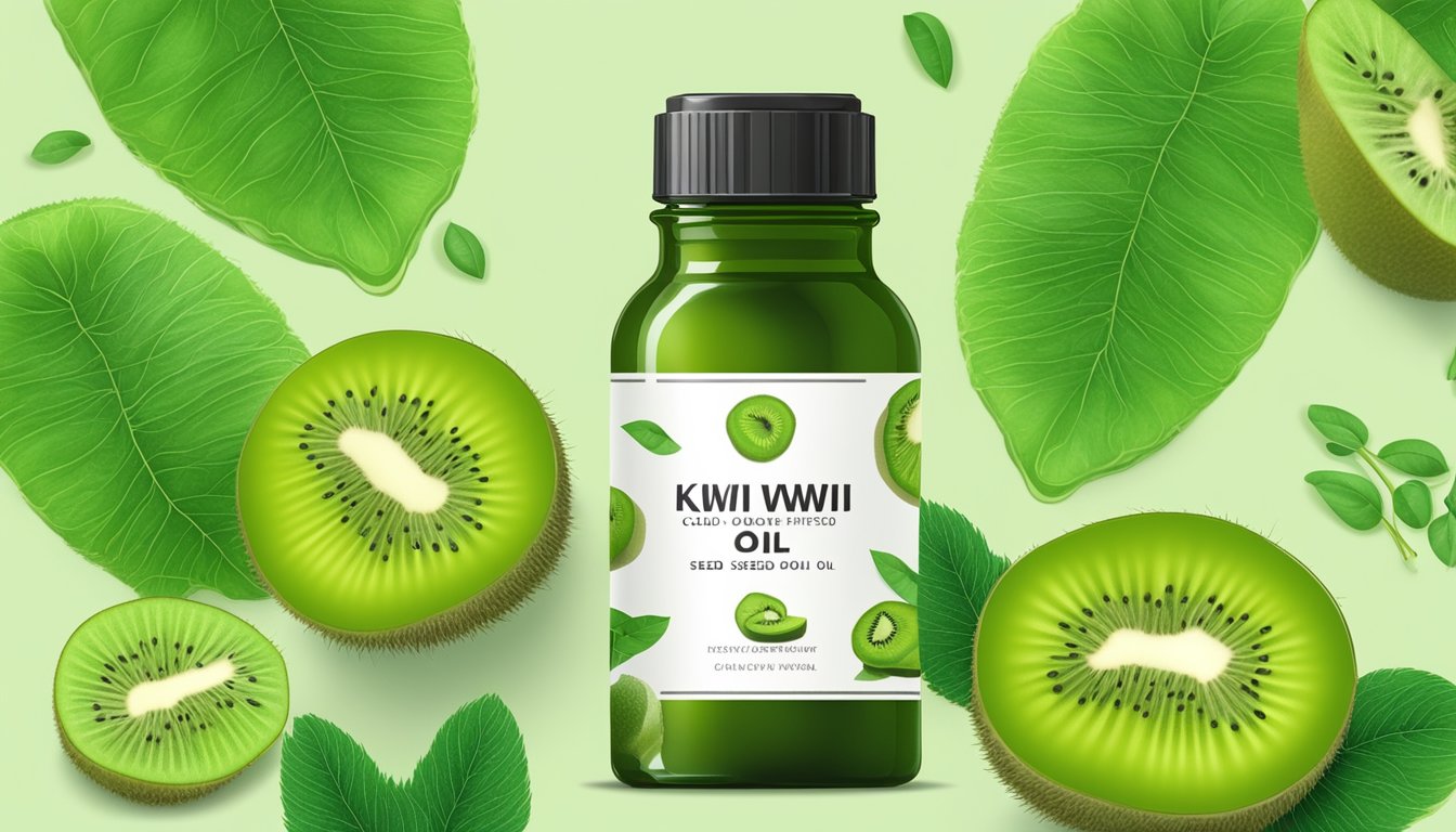 A bottle of cold pressed kiwi seed oil surrounded by fresh kiwi fruits and vibrant green leaves