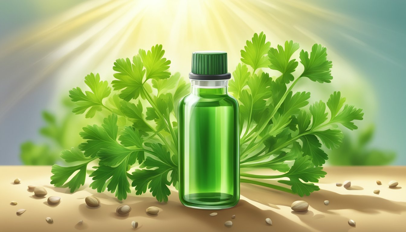 A bottle of cold pressed parsley seed oil surrounded by fresh parsley leaves and seeds, with rays of sunlight shining down on it