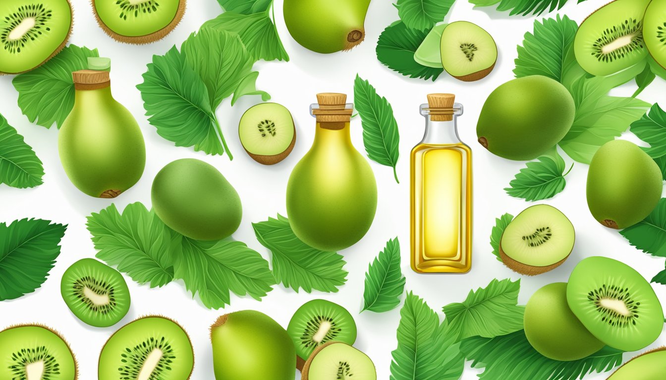 A bottle of cold pressed kiwi seed oil surrounded by fresh kiwi fruits and green leaves