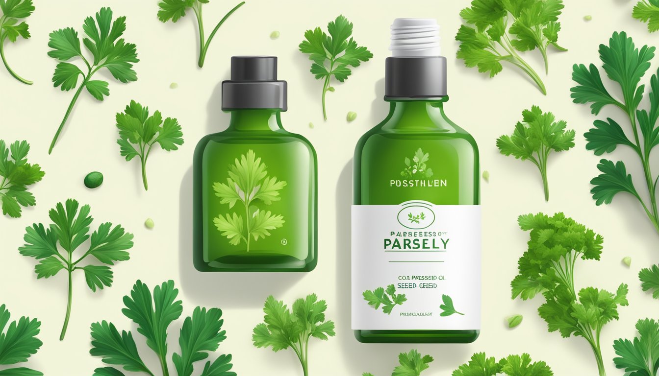 A bottle of cold pressed parsley seed oil surrounded by fresh parsley leaves and aromatic herbs