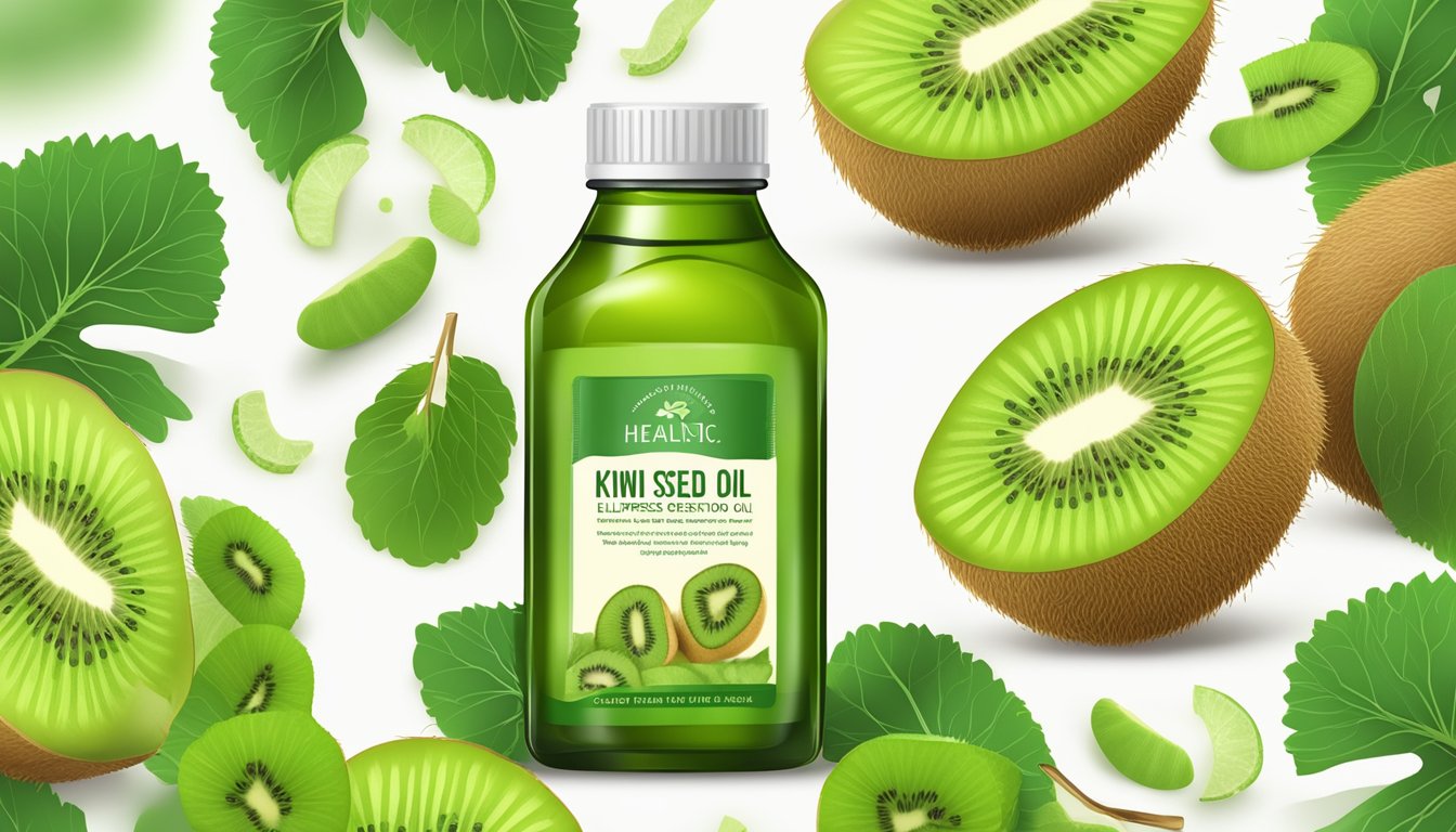 A bottle of cold pressed kiwi seed oil surrounded by fresh kiwi fruits and green leaves, with a label highlighting its health benefits and safety guidelines