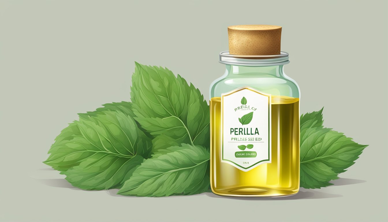 A bottle of cold pressed perilla seed oil surrounded by fresh perilla leaves and seeds