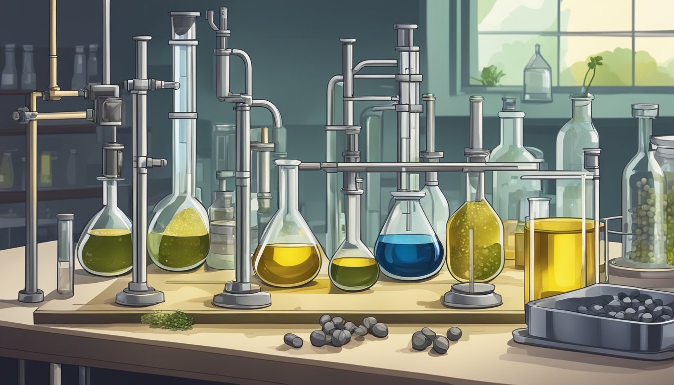 A laboratory setting with beakers, test tubes, and scientific equipment. A bottle of cold pressed perilla seed oil is being analyzed and researched by scientists