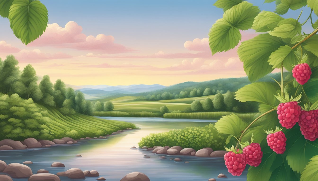 A serene landscape with raspberry bushes, clear skies, and a flowing river, emphasizing the natural and pure qualities of cold pressed raspberry seed oil