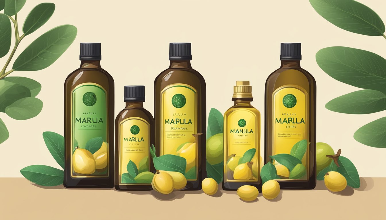 A bottle of cold pressed marula oil sits next to other oils, surrounded by fresh marula fruits and leaves. The other oils are arranged in a row for comparison