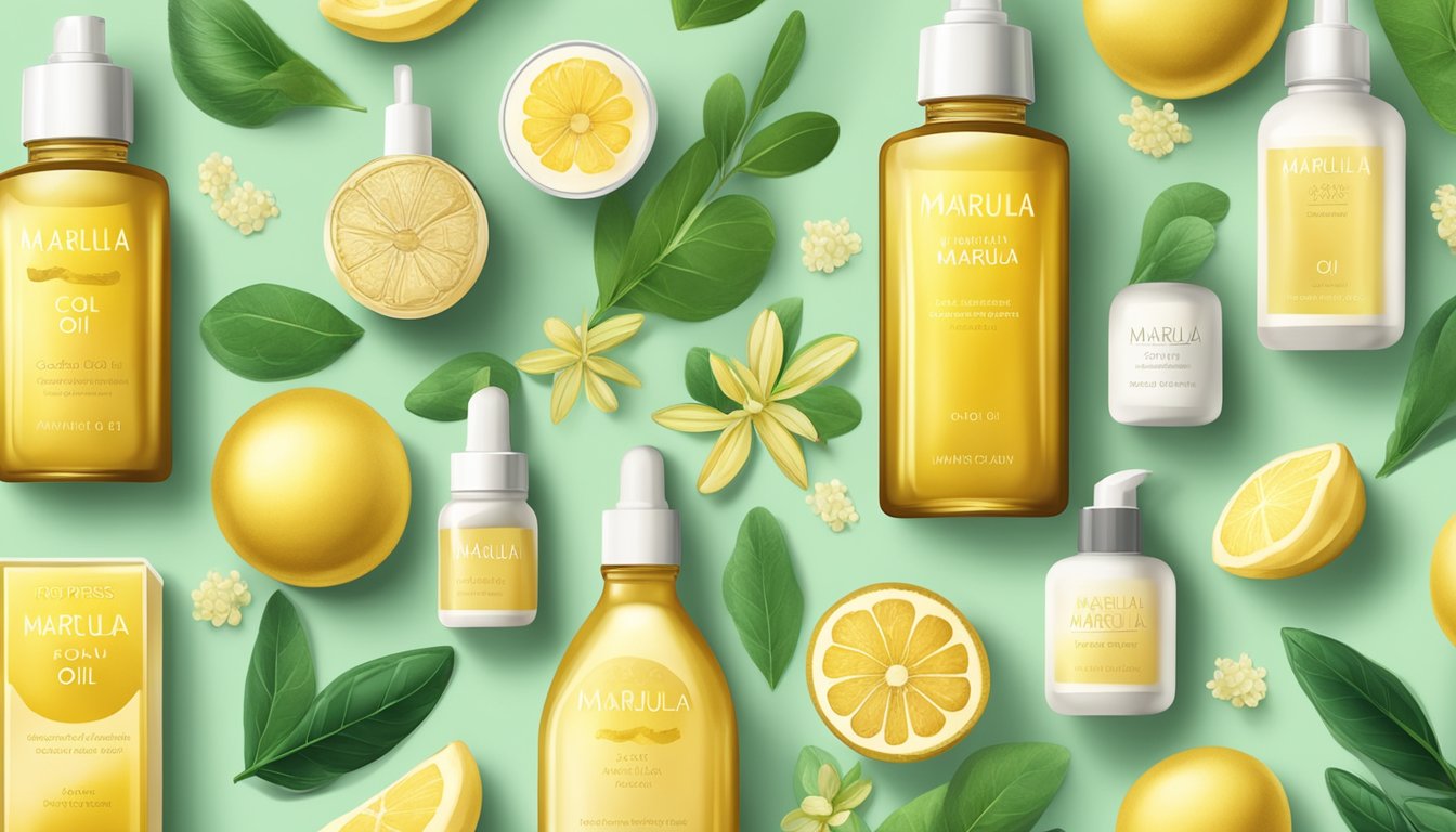 A bottle of cold pressed marula oil surrounded by various skincare products and natural ingredients, with a soft glow highlighting its health benefits