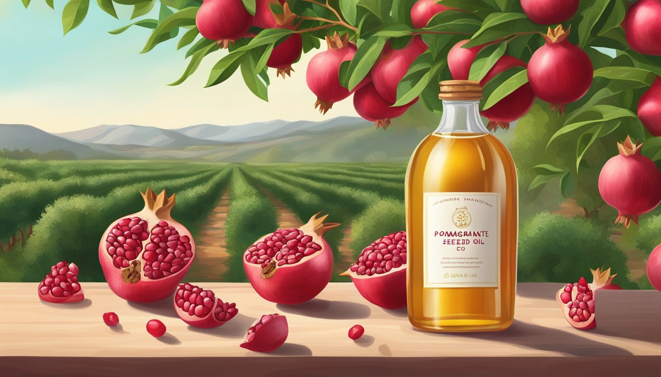 A bottle of cold pressed pomegranate seed oil surrounded by fresh pomegranates and seeds, with a backdrop of a lush pomegranate orchard