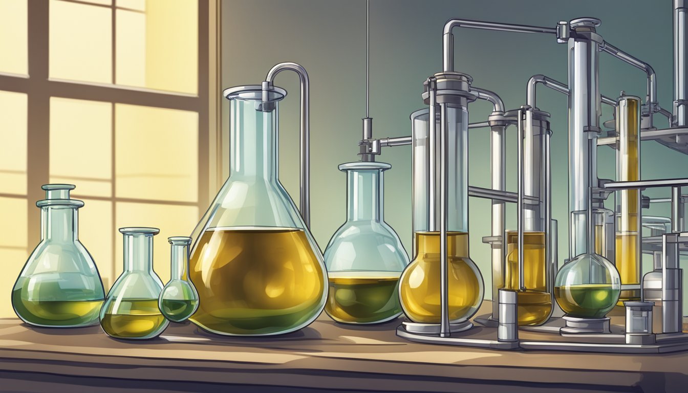 A laboratory setting with beakers and scientific equipment, showcasing the process of extracting sacha inchi oil for clinical research and studies