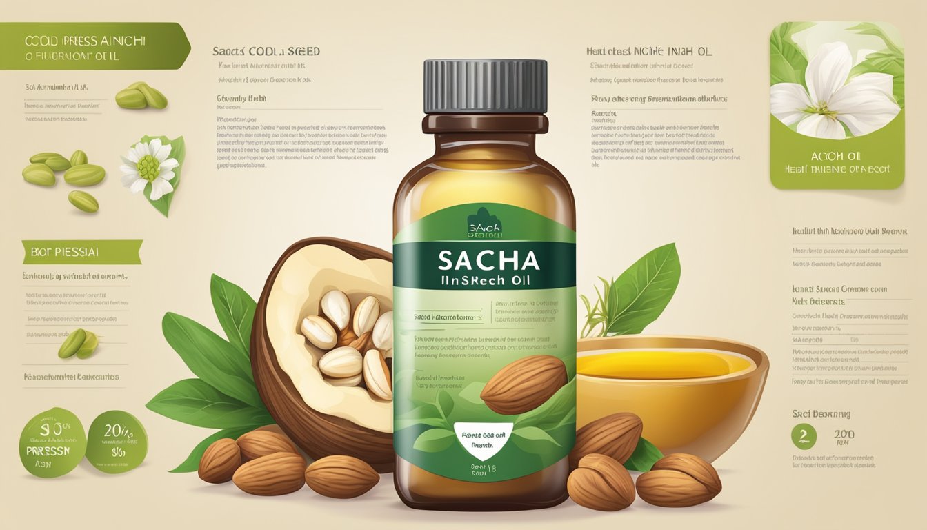 A bottle of cold pressed sacha inchi oil surrounded by various nuts and seeds, with a dosage recommendation label and a list of health benefits