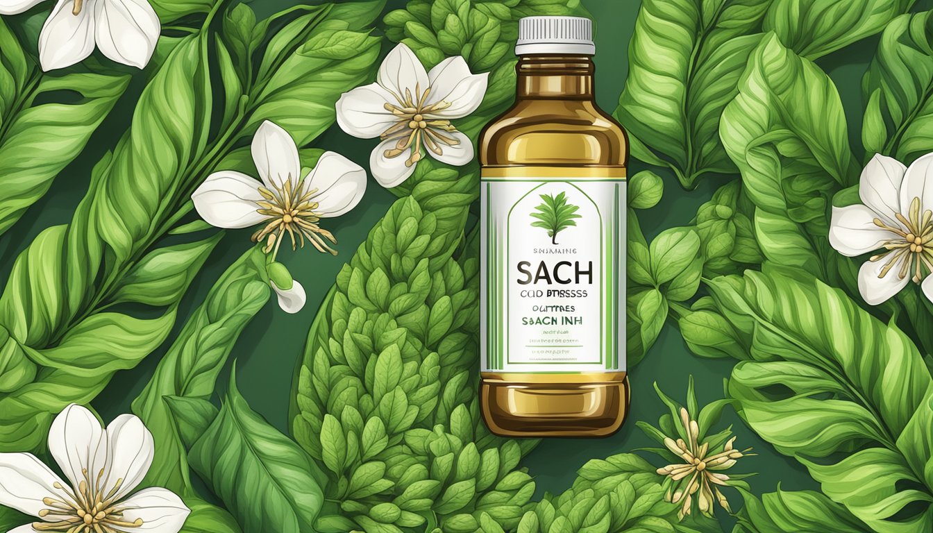 A bottle of cold pressed sacha inchi oil surrounded by vibrant green sacha inchi plants and ripe seed pods