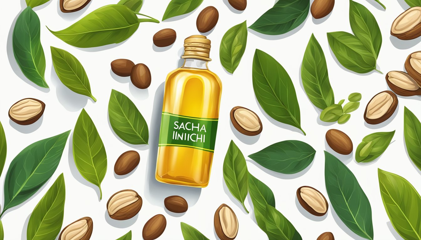 A bottle of sacha inchi oil surrounded by vibrant, fresh sacha inchi nuts and leaves