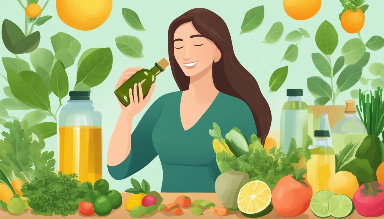 A serene mother holding a bottle of moringa oil while surrounded by fresh fruits and vegetables, symbolizing the health benefits of cold pressed moringa seed oil for digestion and motherhood