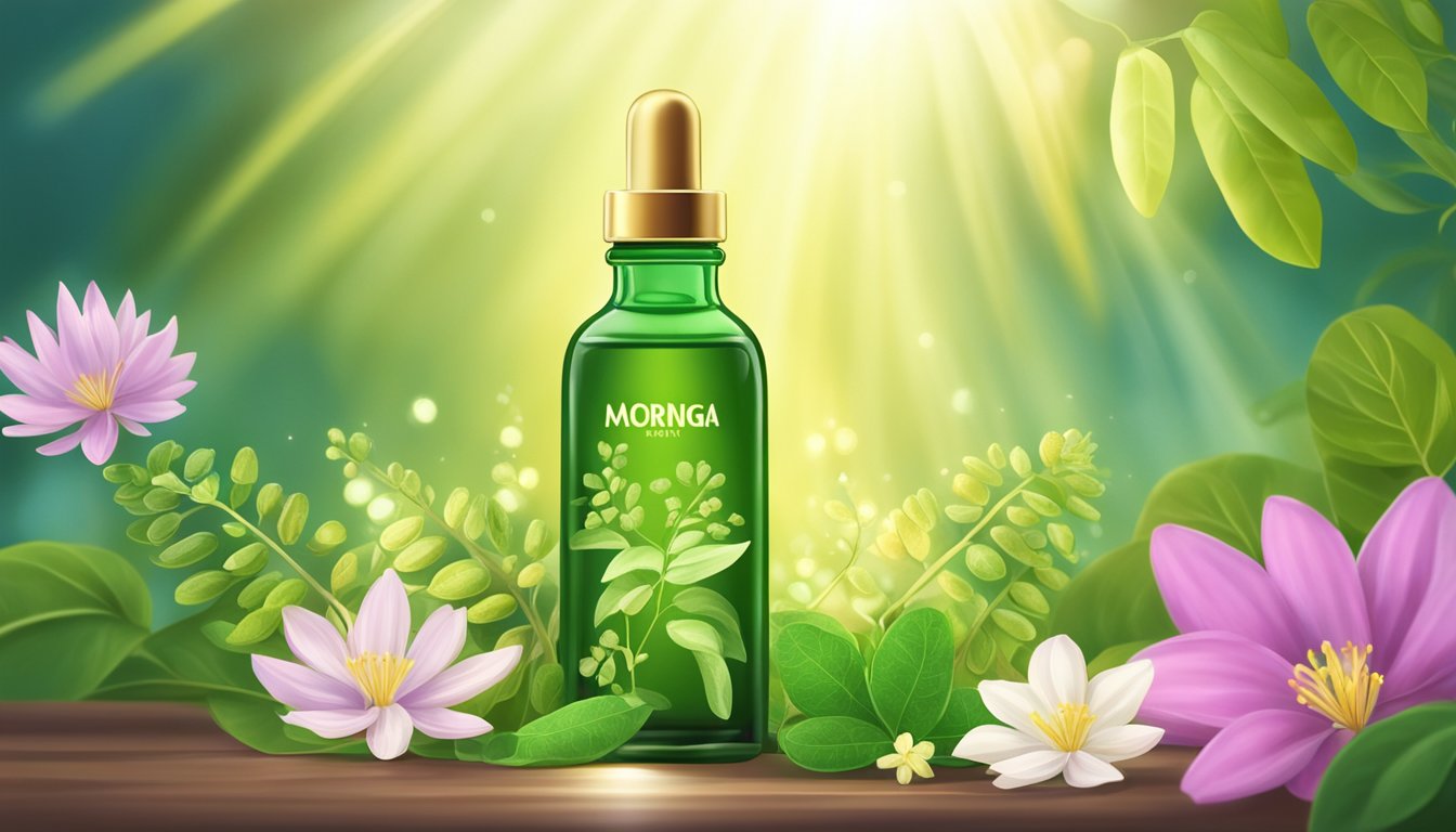 A bottle of cold pressed moringa seed oil surrounded by various plants and flowers, with rays of sunlight shining down on it