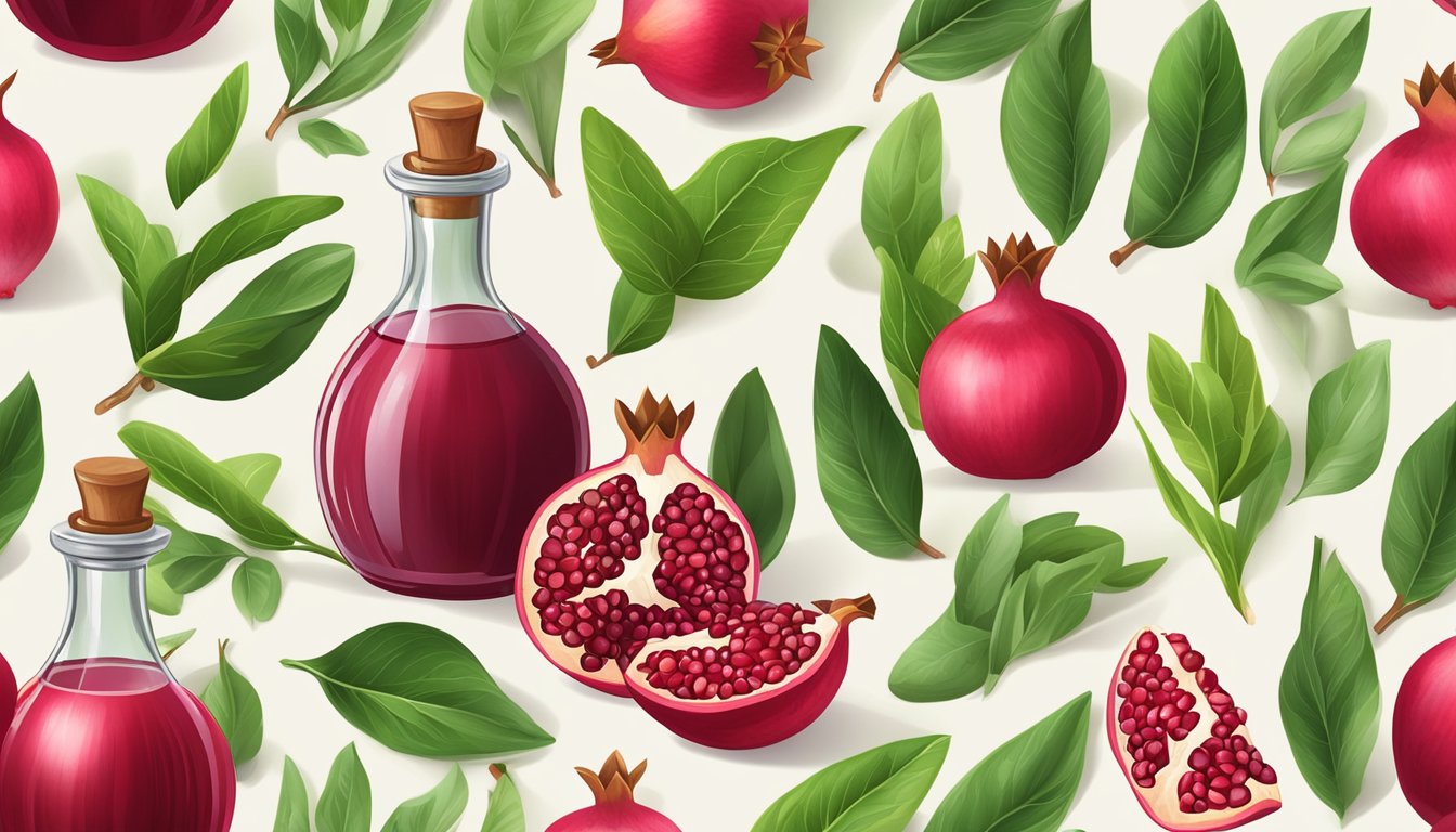 A glass bottle of cold pressed pomegranate seed oil surrounded by fresh pomegranates and green leaves