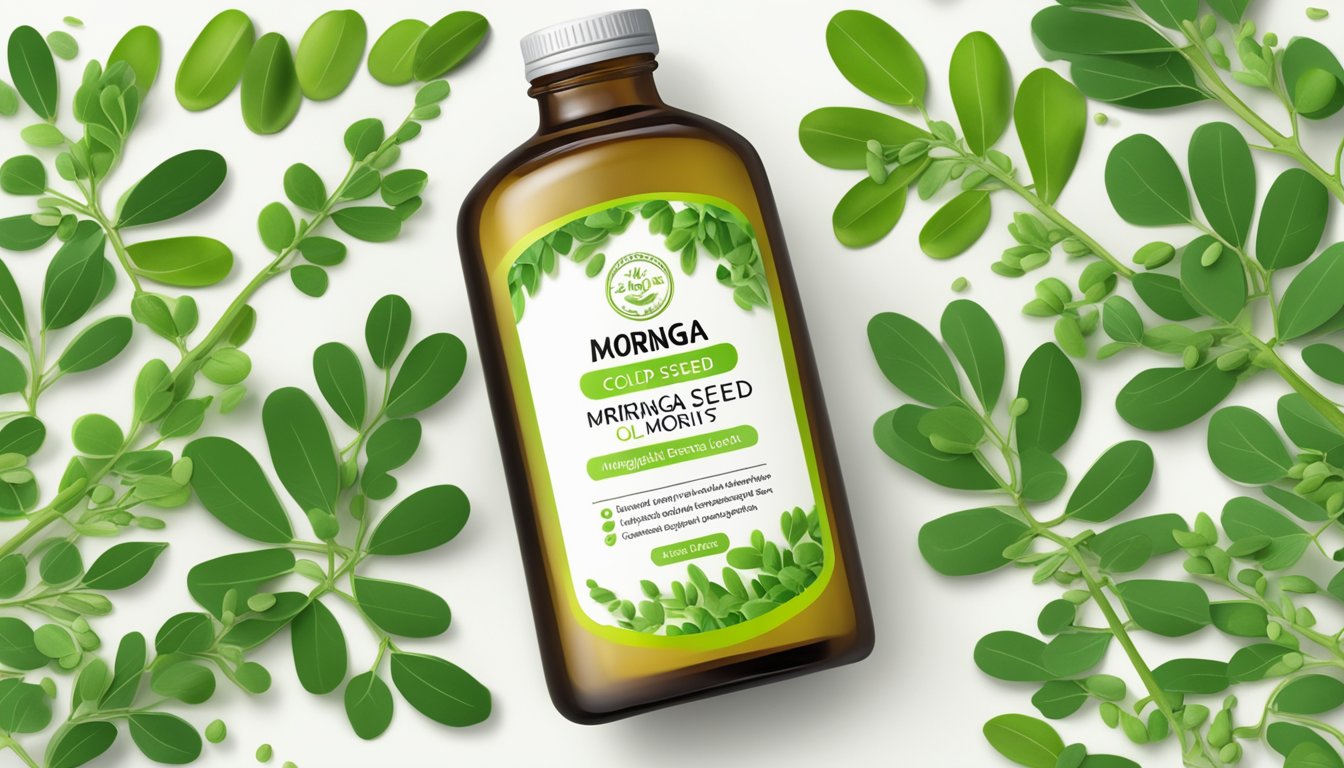 A bottle of cold pressed moringa seed oil surrounded by vibrant green moringa leaves and seeds, with a label highlighting its health benefits and side effects