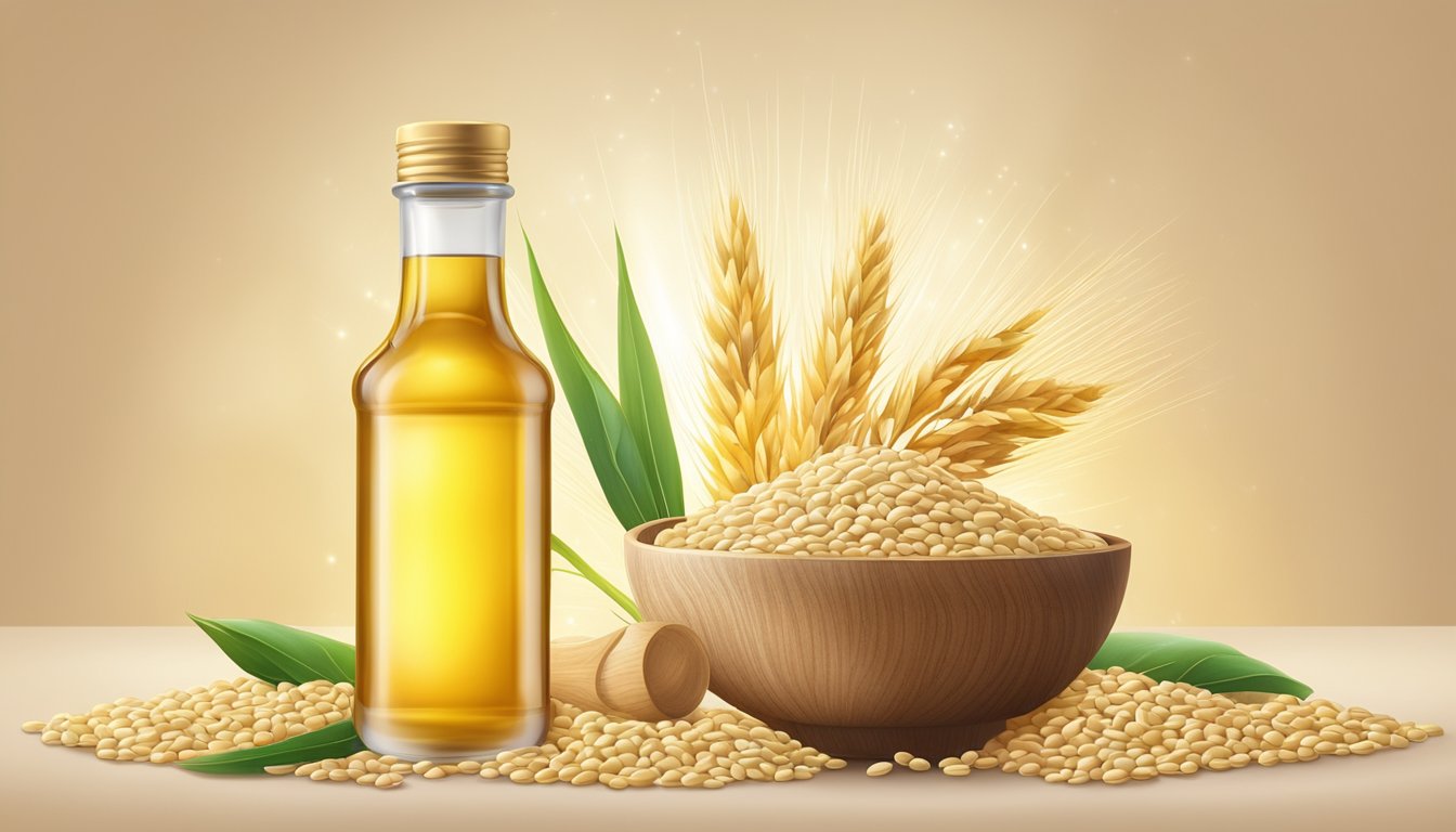 A bottle of cold pressed sesame oil surrounded by sesame seeds, with images of healthy foods and a glowing sun in the background