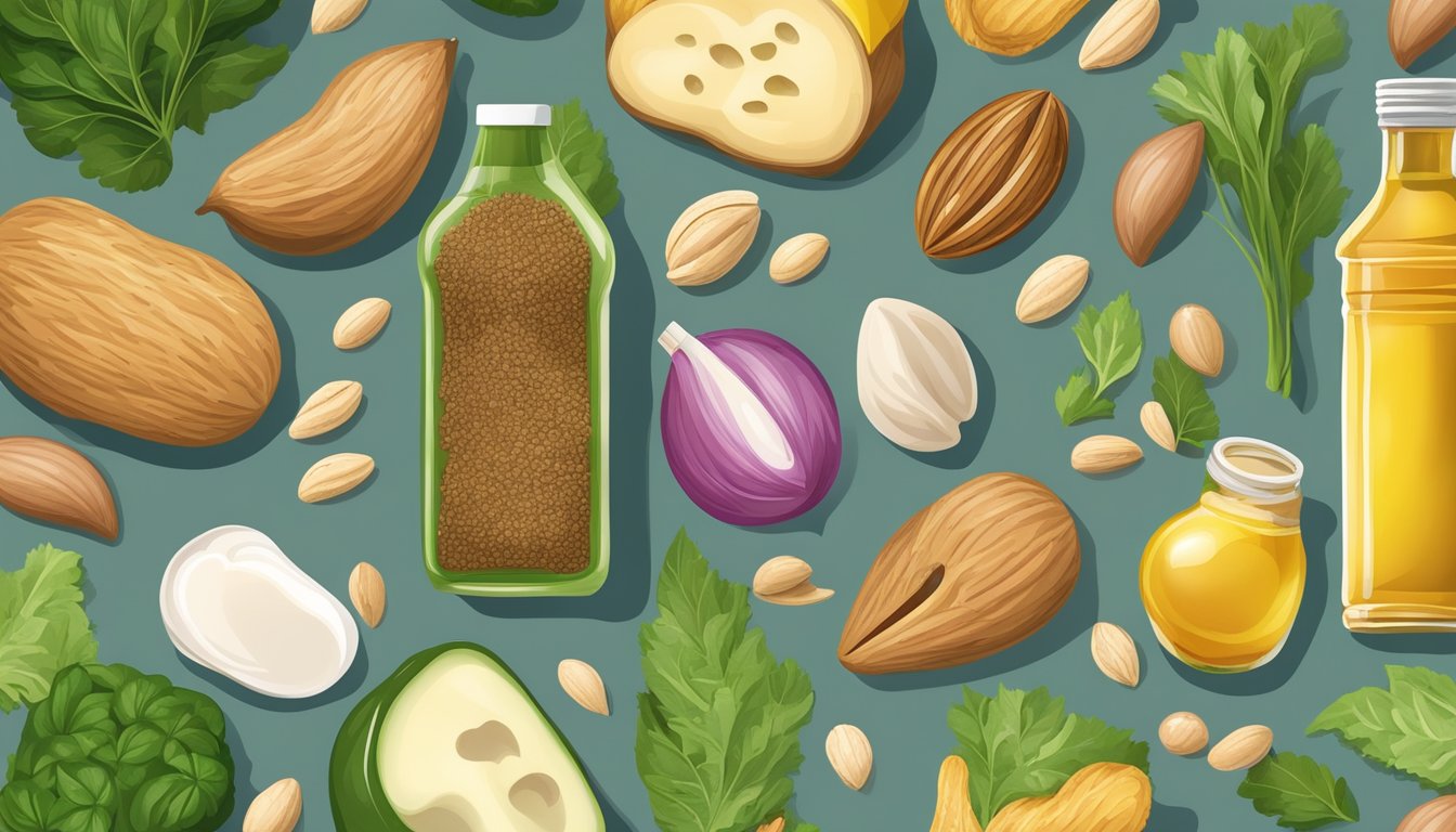 A bottle of cold pressed sesame oil surrounded by various heart-healthy foods like nuts, seeds, and leafy greens