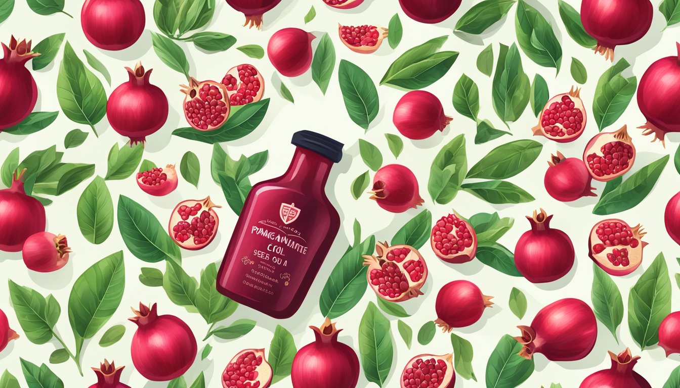 A bottle of cold pressed pomegranate seed oil surrounded by vibrant pomegranate fruits and lush green leaves, with a label featuring safety guidelines and health benefits