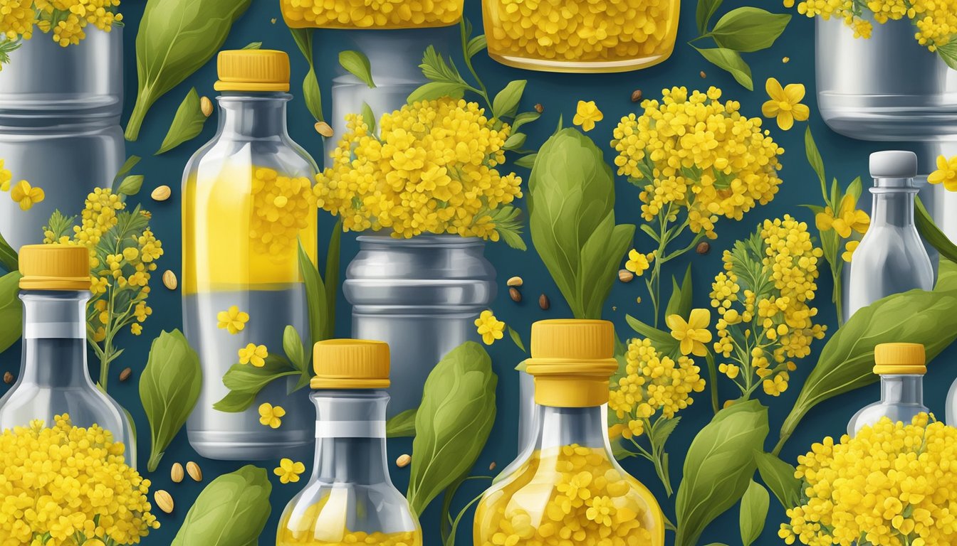 A bottle of cold pressed rapeseed oil surrounded by vibrant yellow rapeseed flowers and a variety of nuts and seeds