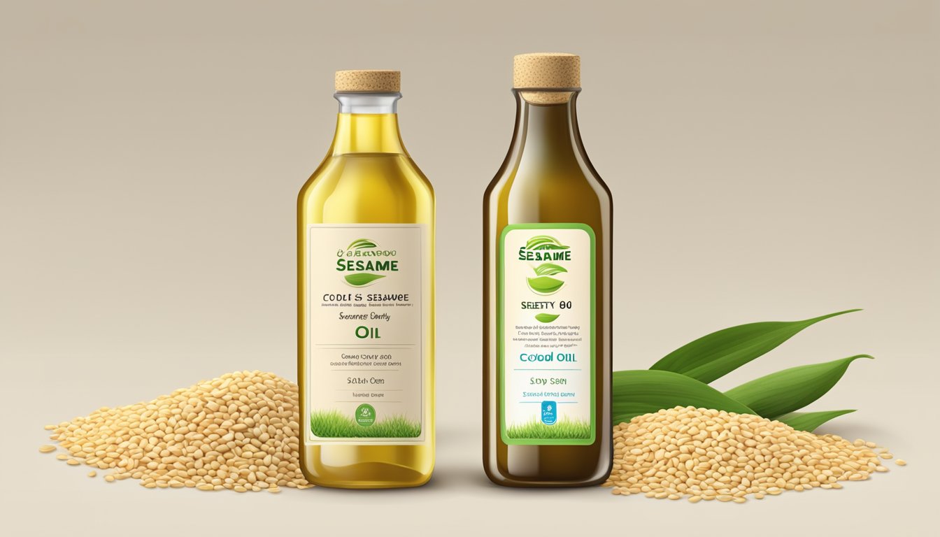 A bottle of cold pressed sesame oil surrounded by sesame seeds and a label with safety and allergy information