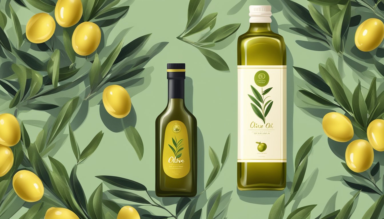 A bottle of cold-pressed olive oil surrounded by fresh olives, green leaves, and a golden olive branch