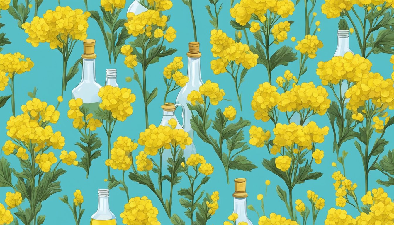 A bottle of cold pressed rapeseed oil surrounded by vibrant and fresh rapeseed flowers, with a clear blue sky in the background