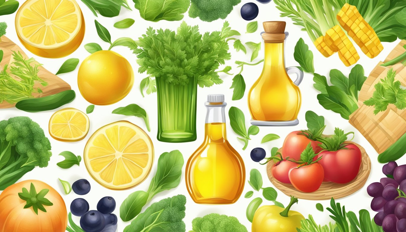 A bottle of cold pressed rapeseed oil surrounded by a variety of fresh vegetables and fruits, with a glowing halo effect to emphasize its health benefits