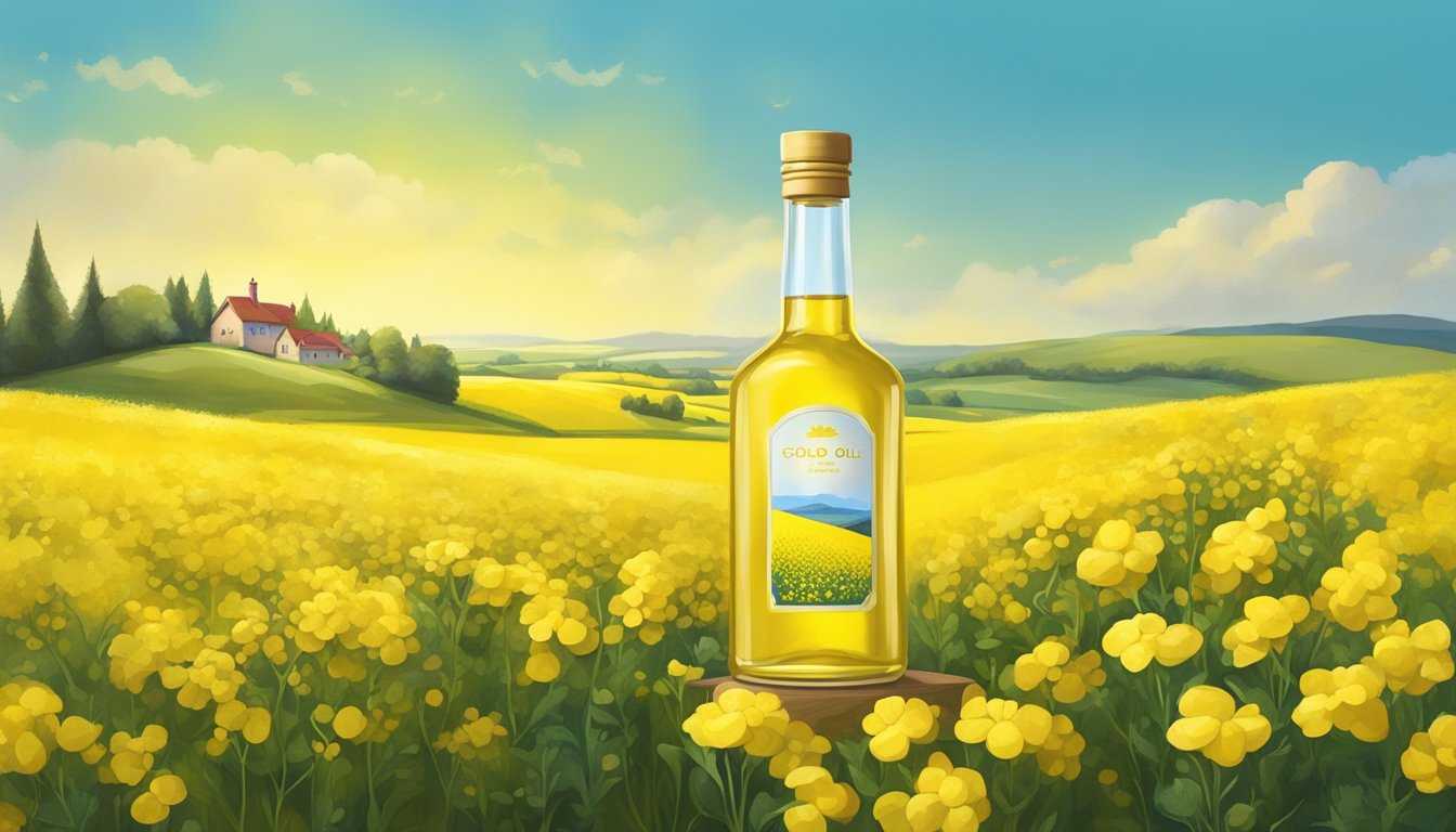 A bottle of cold pressed rapeseed oil surrounded by vibrant, fresh rapeseed flowers and golden rapeseed fields under a clear blue sky