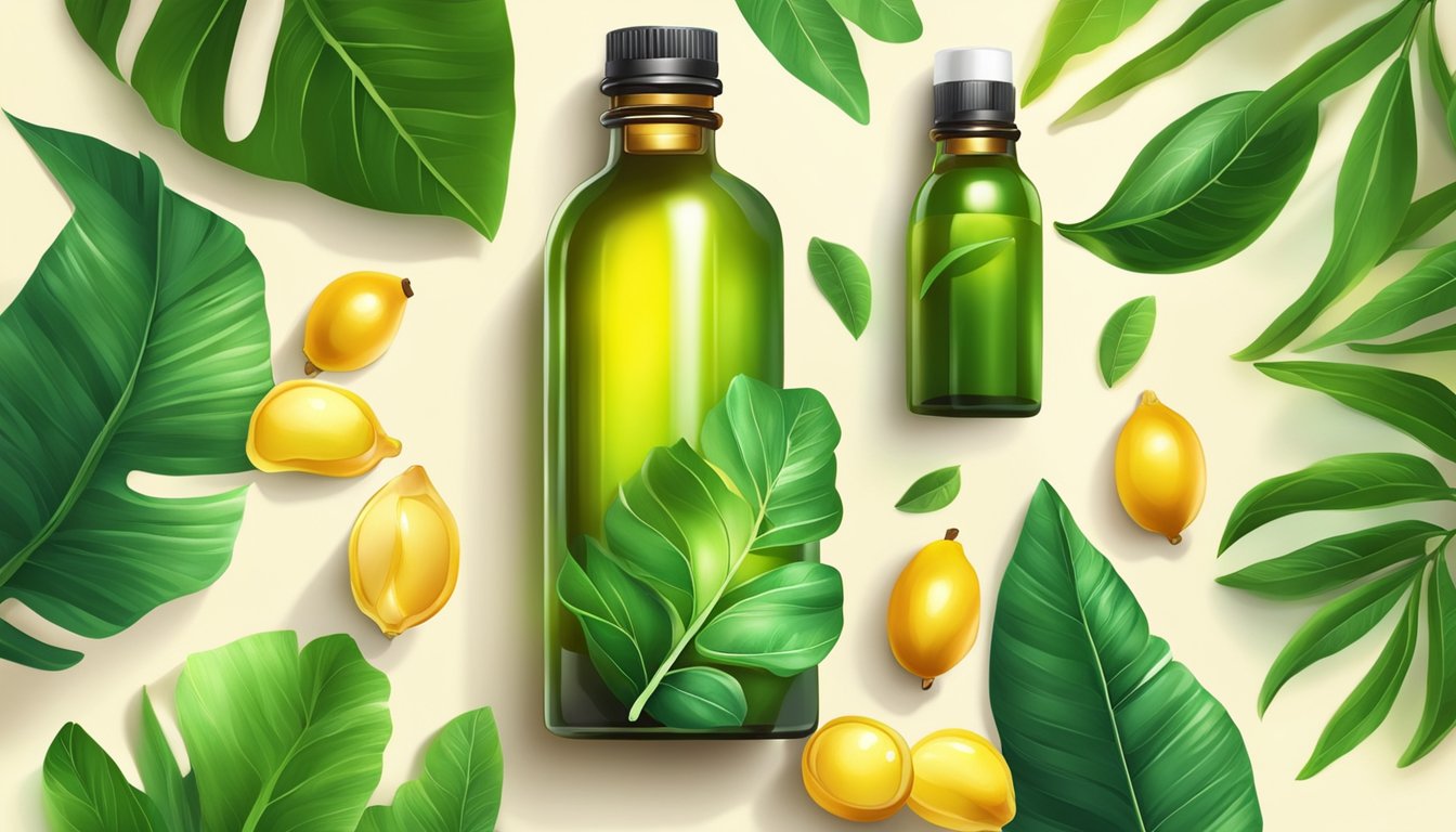 A bottle of cold pressed tamanu oil surrounded by lush green leaves and vibrant tamanu fruits, with rays of sunlight shining down on the scene