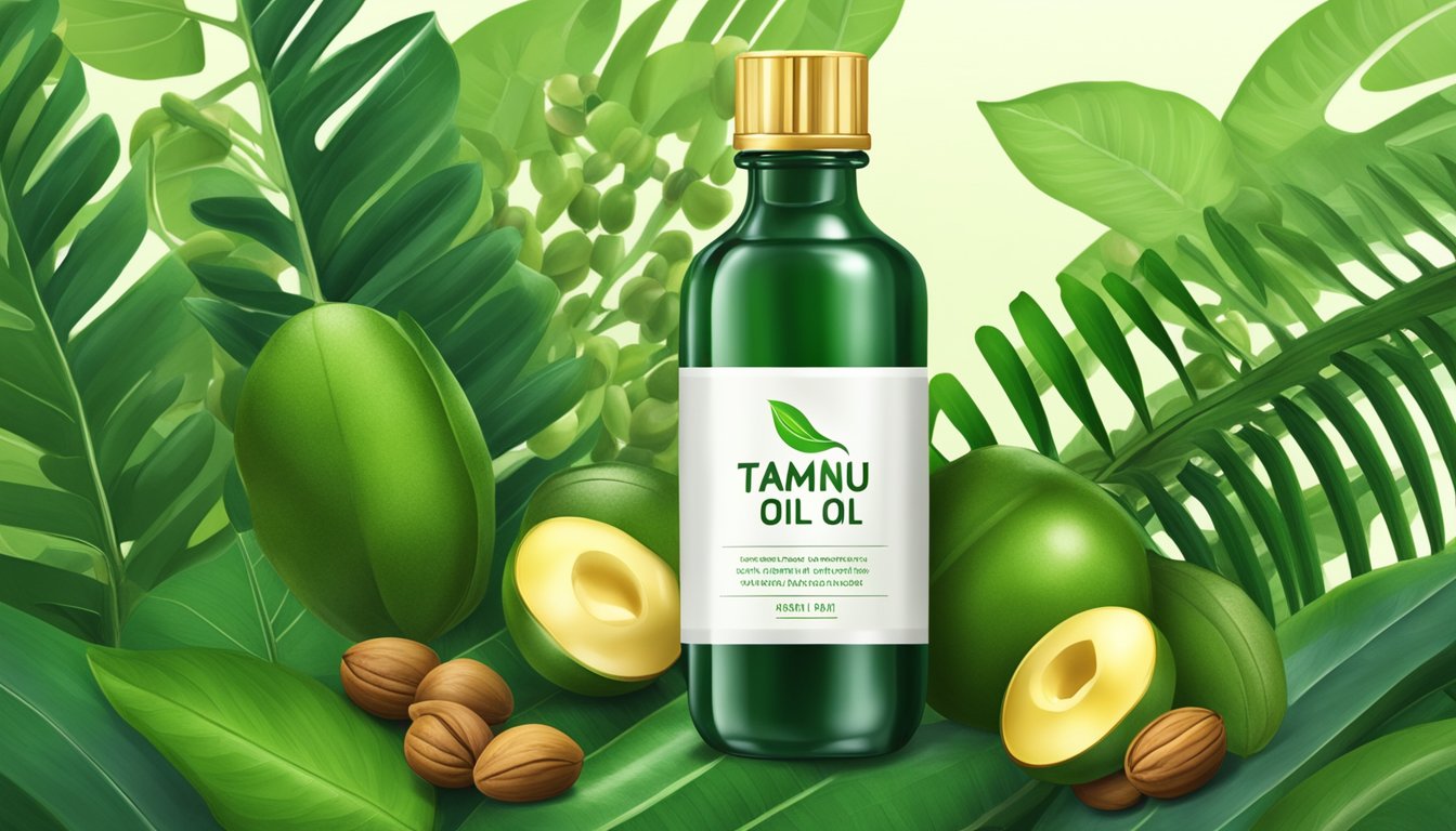 A bottle of cold pressed tamanu oil surrounded by tamanu tree leaves and nuts, with a backdrop of lush tropical vegetation