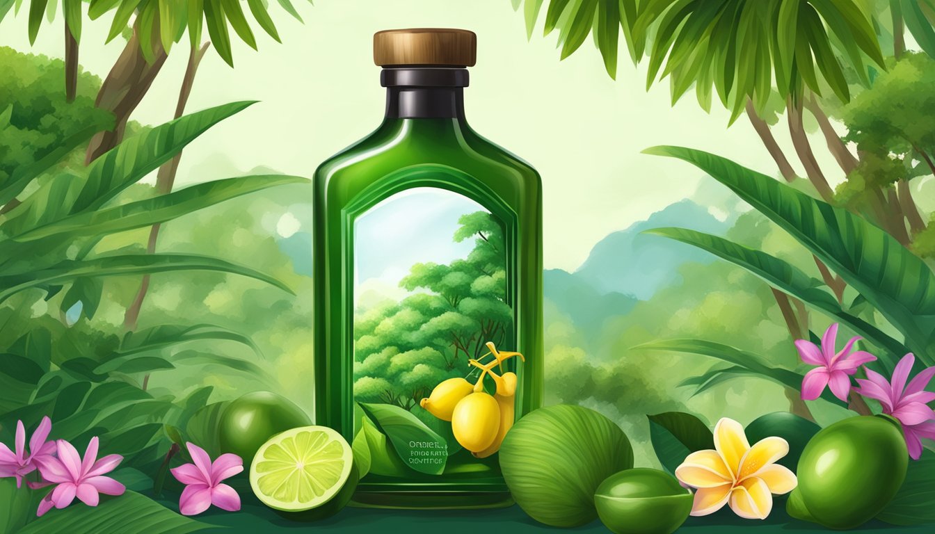 A bottle of cold pressed tamanu oil surrounded by lush green tamanu trees and exotic flowers