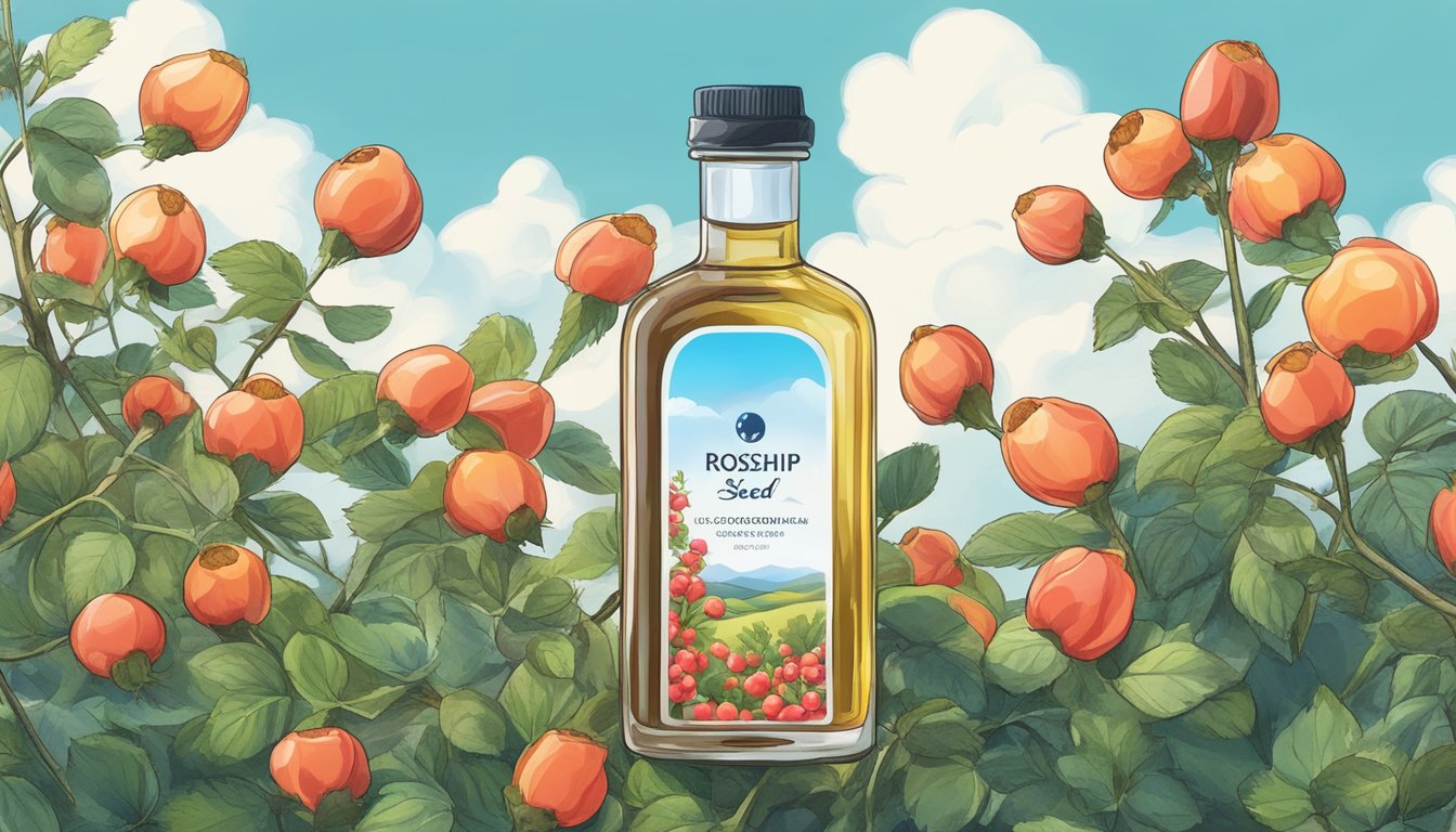 A bottle of cold pressed rosehip seed oil surrounded by vibrant, blooming rosehip bushes under a clear blue sky